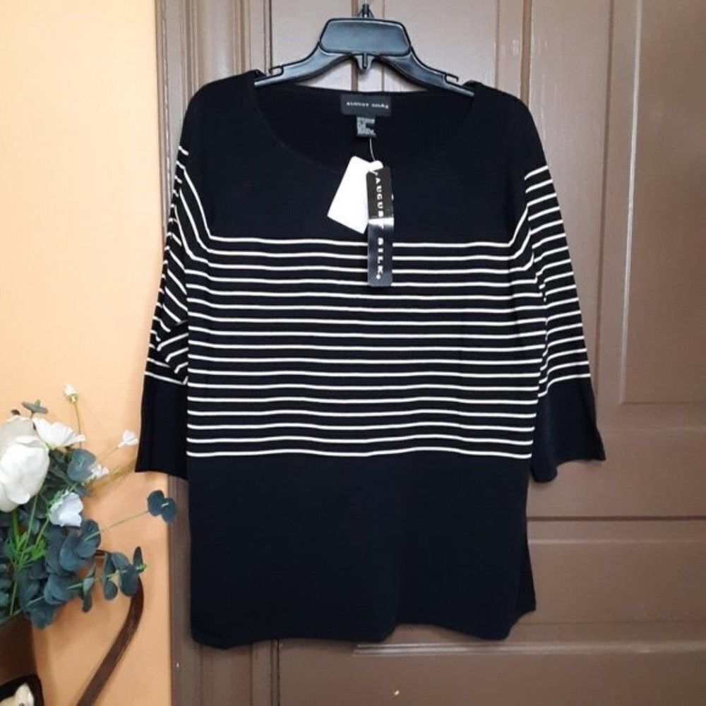 August Silk Women's Black Stripe Stretch Blouse Top size 2X